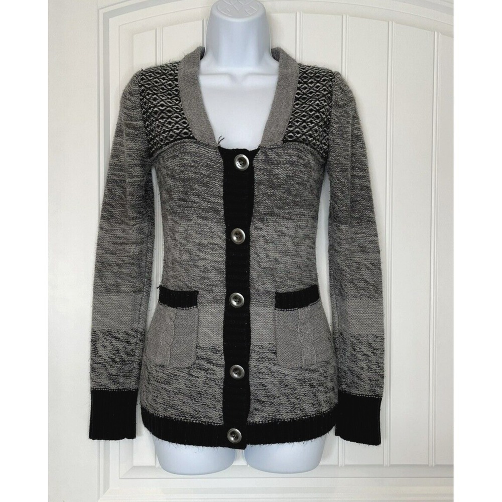BKE Buckle Womens Small Cardigan Button Down Long Sleeve Gray & Black Sweater